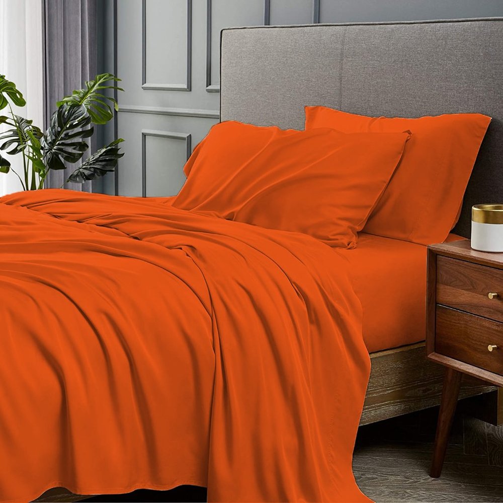 KING - AUTUMN ORANGE - 4 Piece Bamboo Bed Sheet Set
